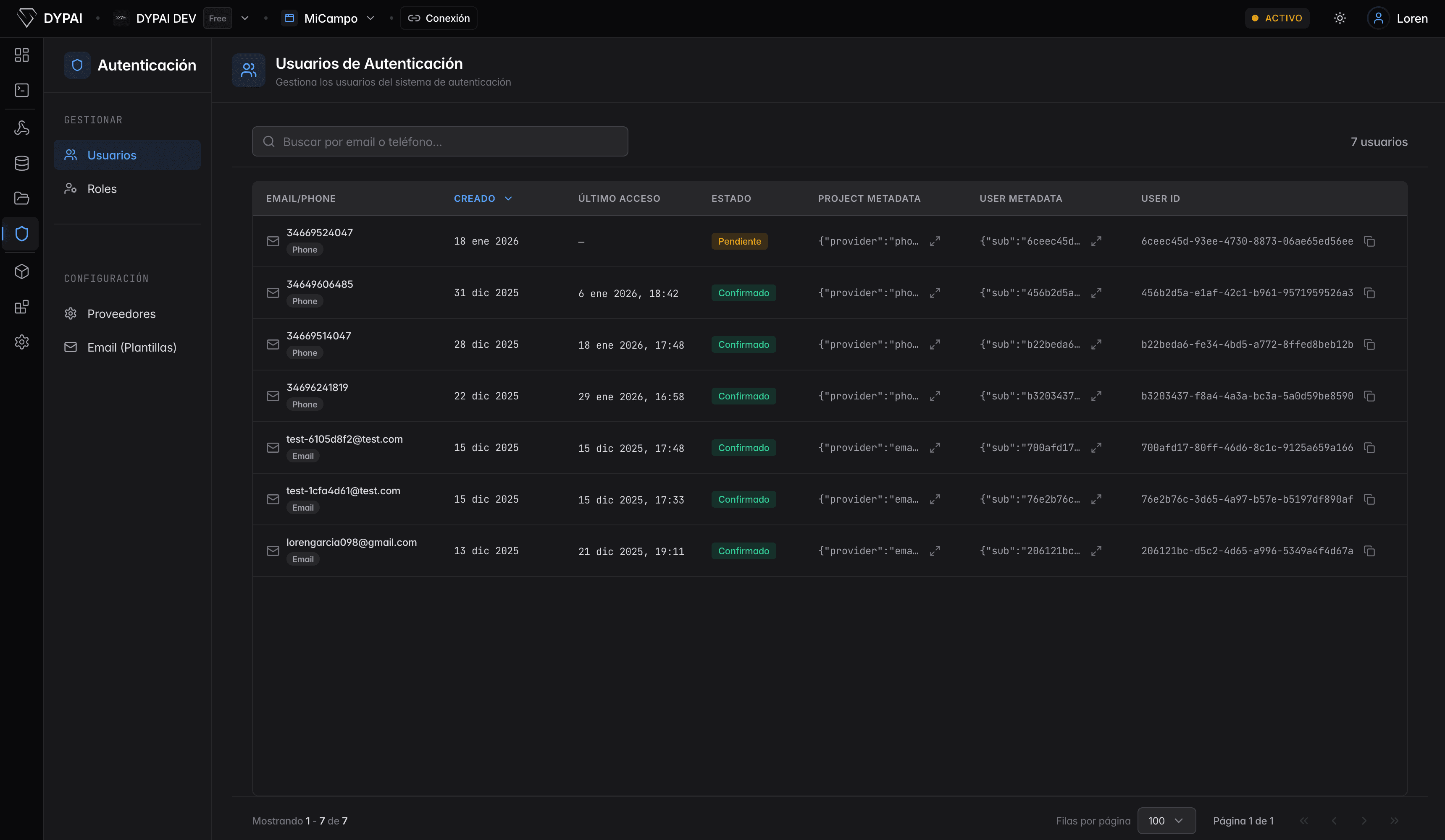 DYPAI authentication user management dashboard