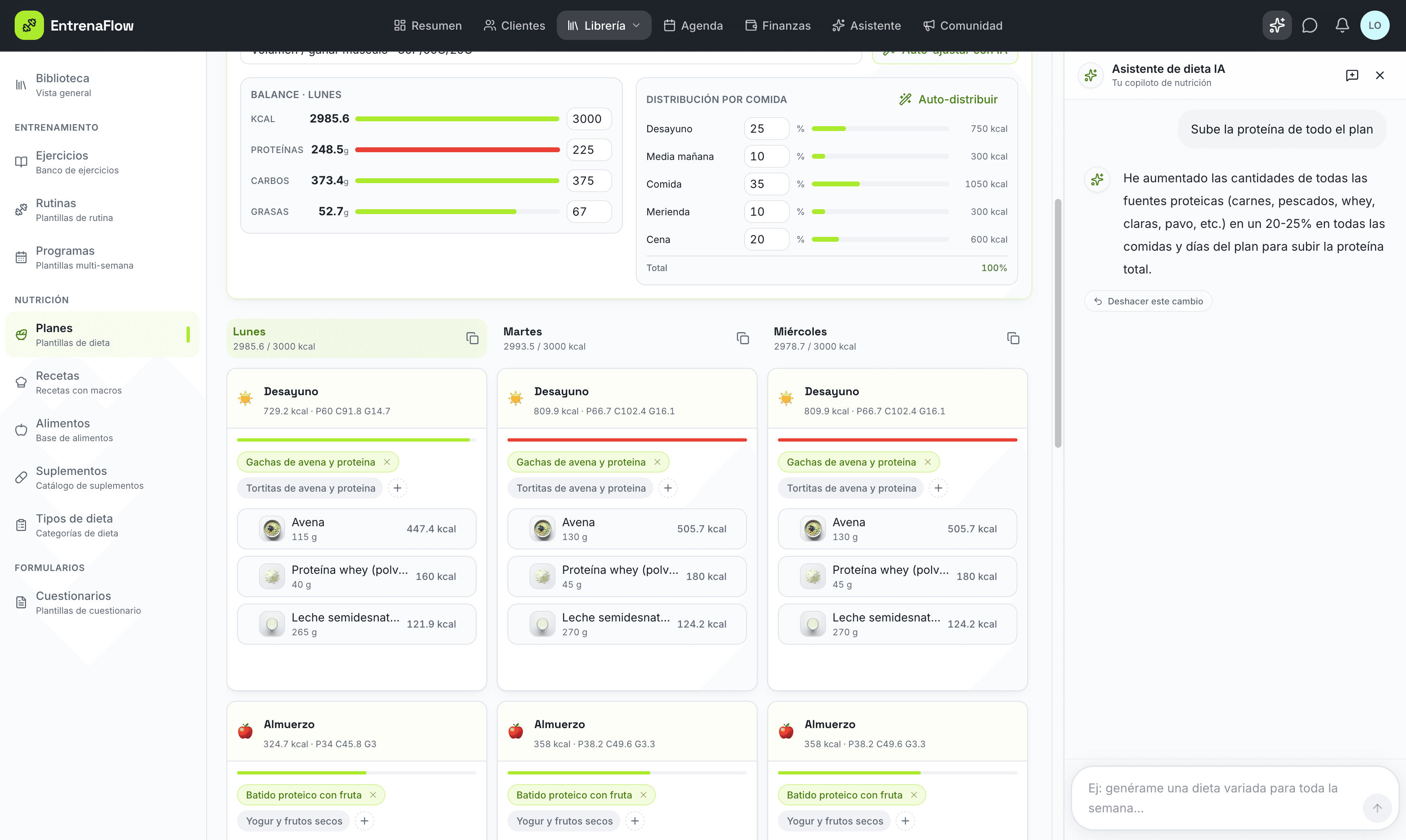 Nutrition planning app with an AI assistant responding to a user's request