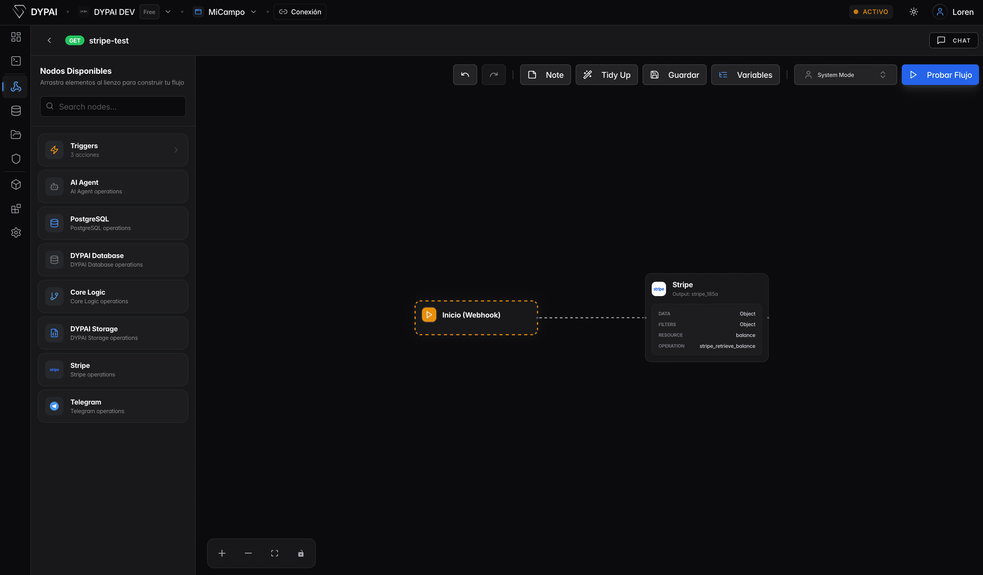 DYPAI visual flow builder with database, Stripe and Telegram nodes